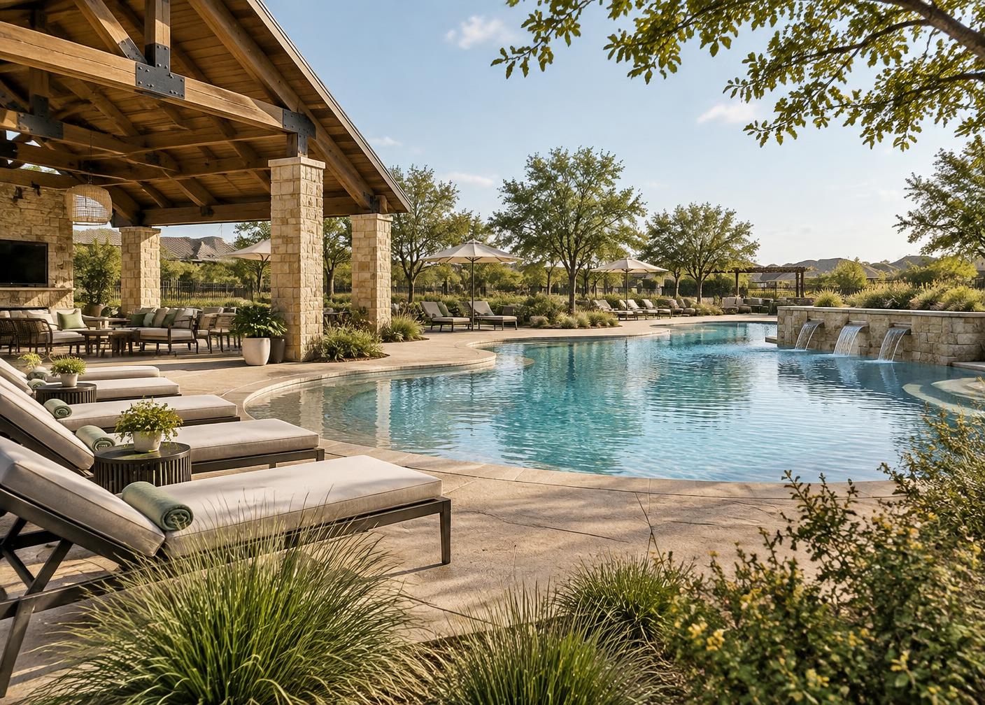 Community pool with shaded pavilion in a Texas neighborhood